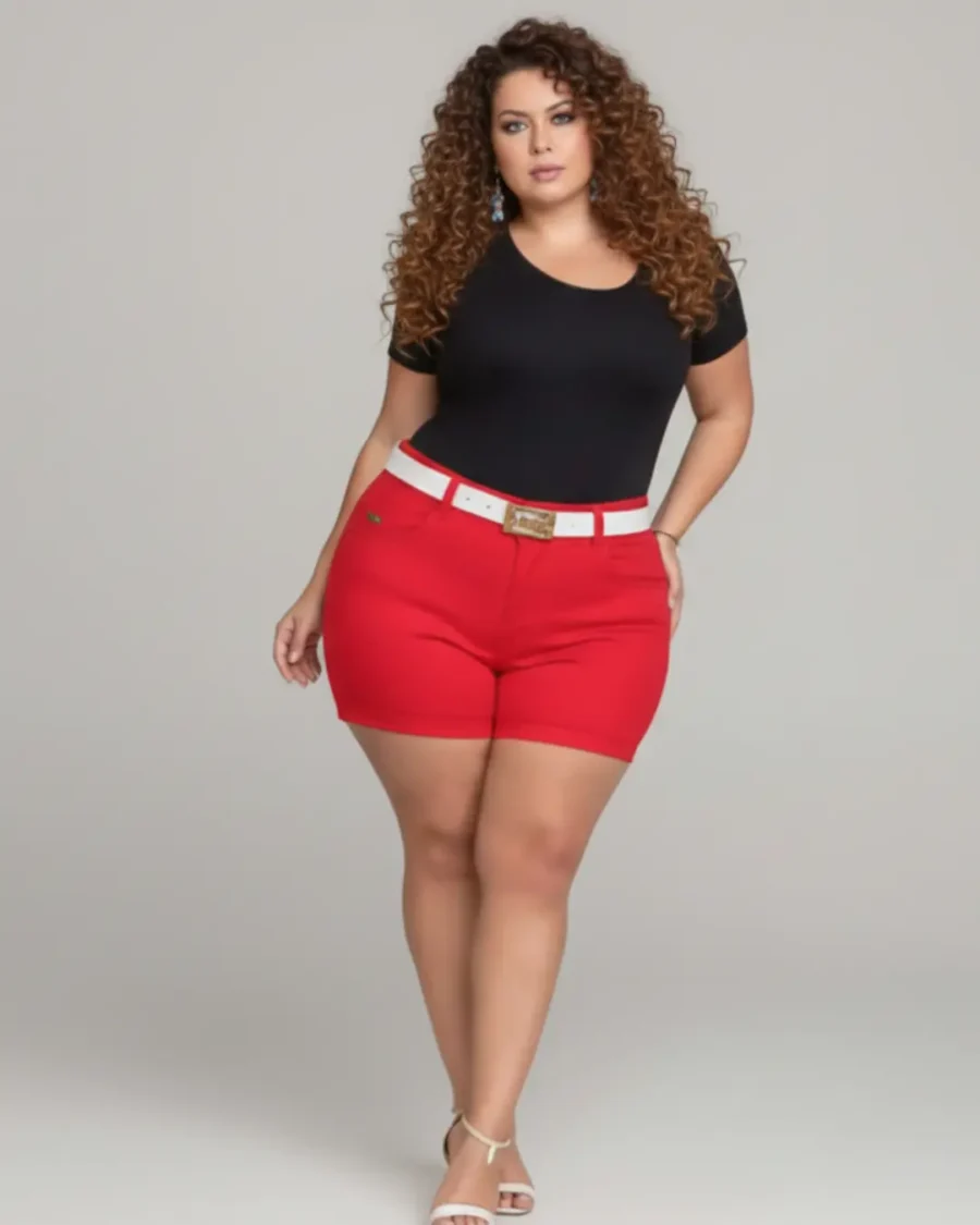 Short Plus Size Vermelho Vibrante com Tecnologia Empina Bumbum + Cinto de Brinde