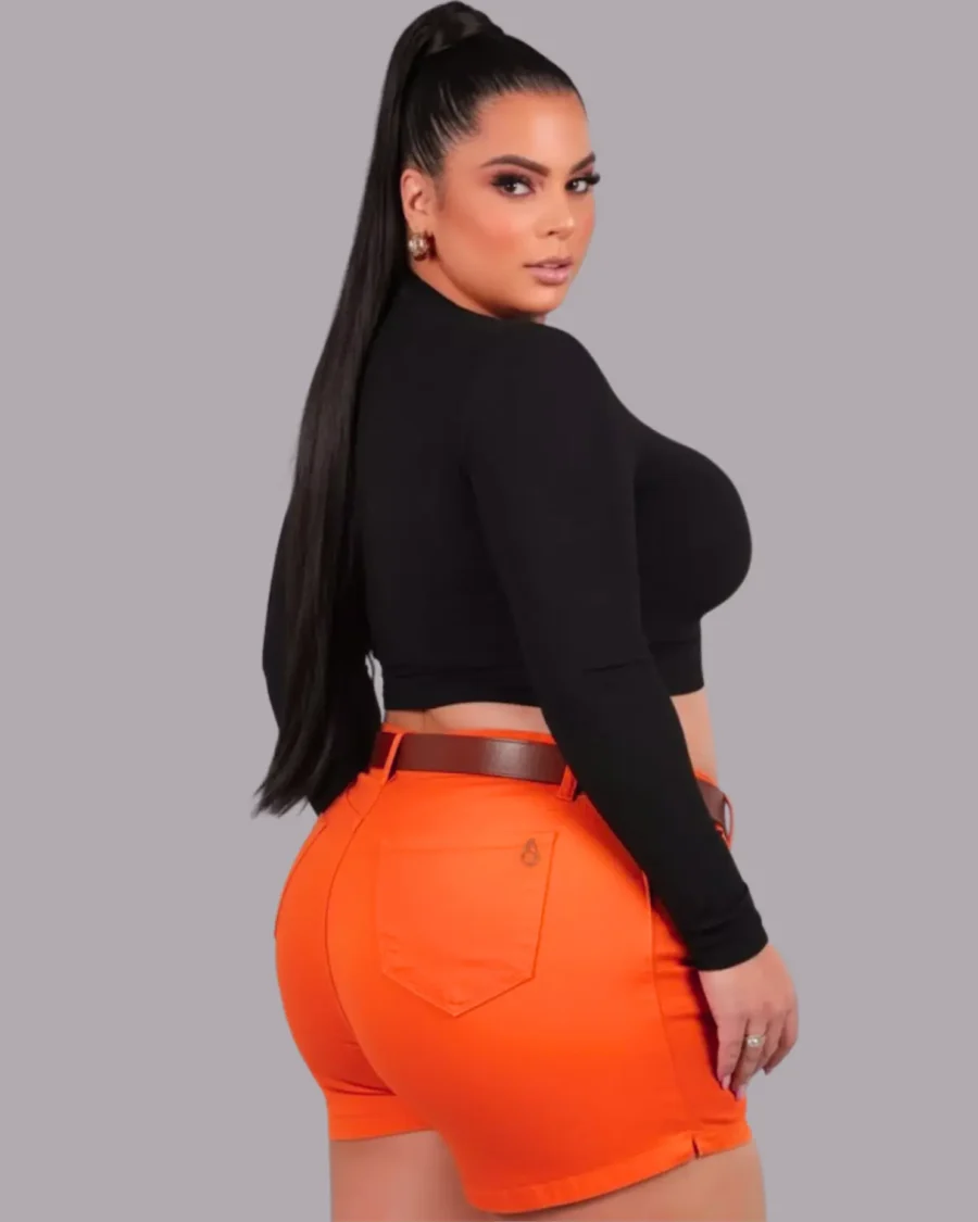 Short Plus Size Laranja Vibrante Sarja Premium Empina Bumbum + Cinto Brinde