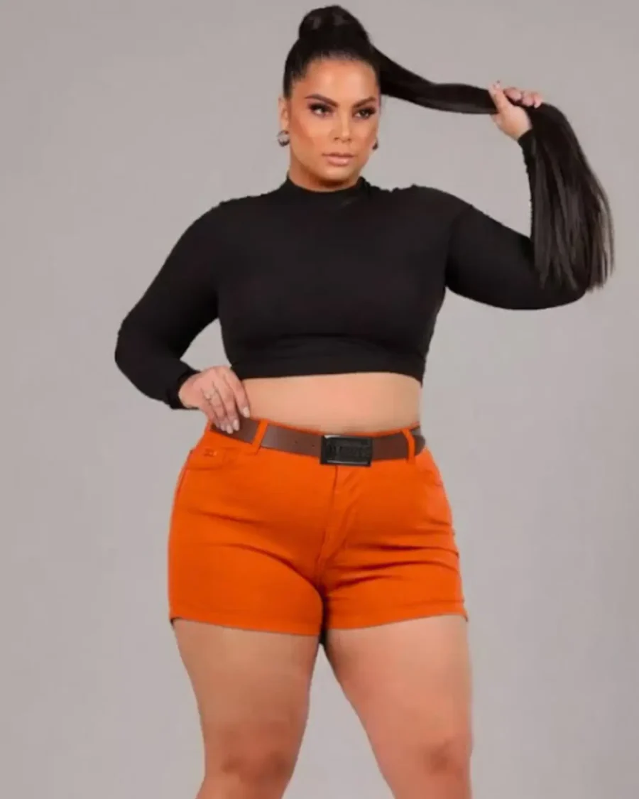 Short Plus Size Laranja Vibrante Sarja Premium Empina Bumbum + Cinto Brinde