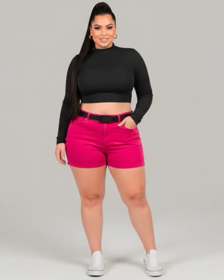 Short Plus Size Rosa Vibrante Empina Bumbum + Cinto com Fivela Exclusiva