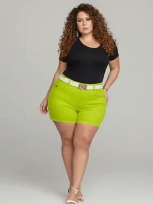 Short Plus Size Verde Vibrante com Tecnologia Empina Bumbum + Cinto de Brinde
