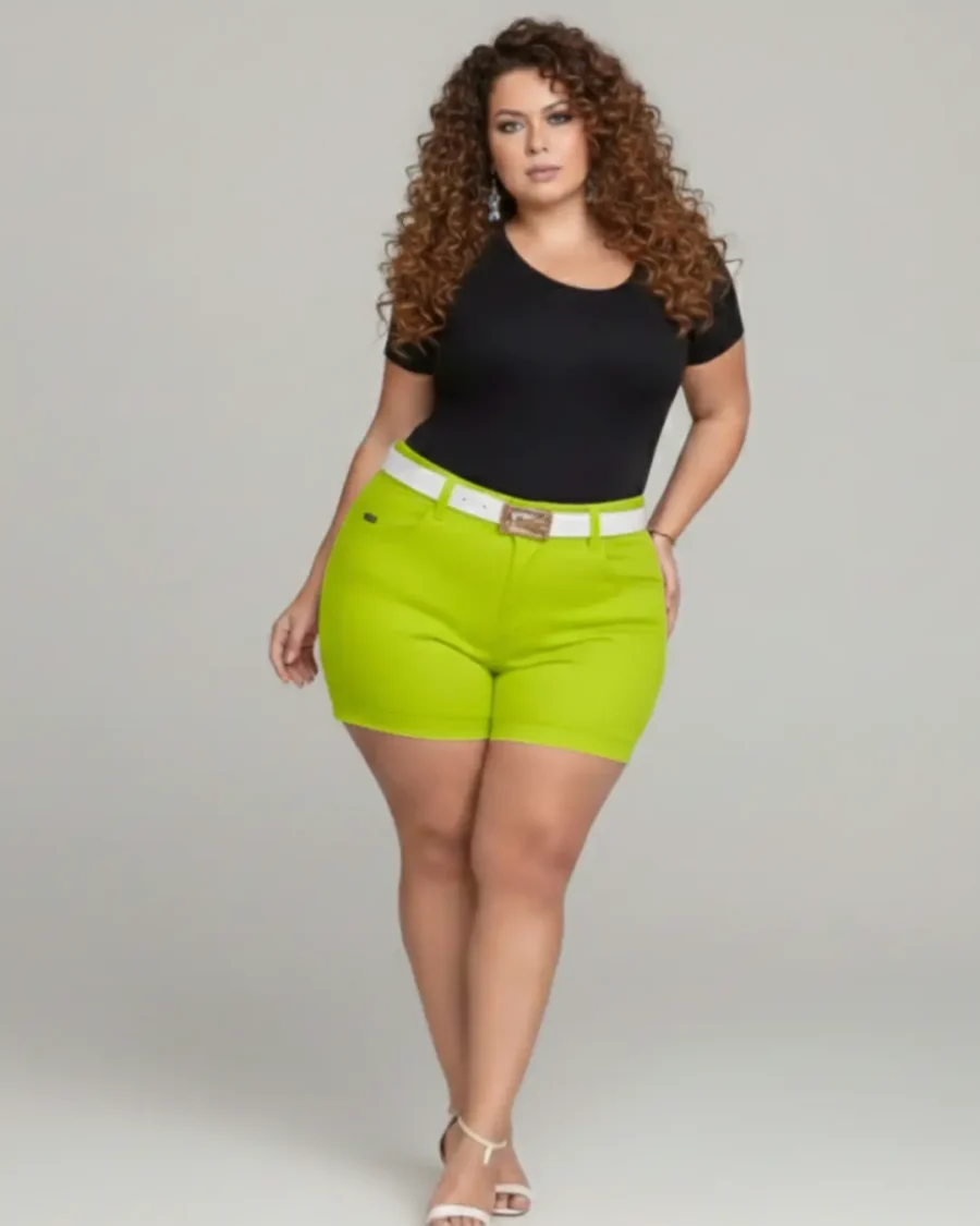 Short Plus Size Verde Vibrante com Tecnologia Empina Bumbum + Cinto de Brinde
